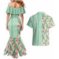 Menthol Green Aloha Hawaii Tiki Couples Matching Mermaid Dress and Hawaiian Shirt Tropical Plumeria - Seamless Style LT14 - Polynesian Pride