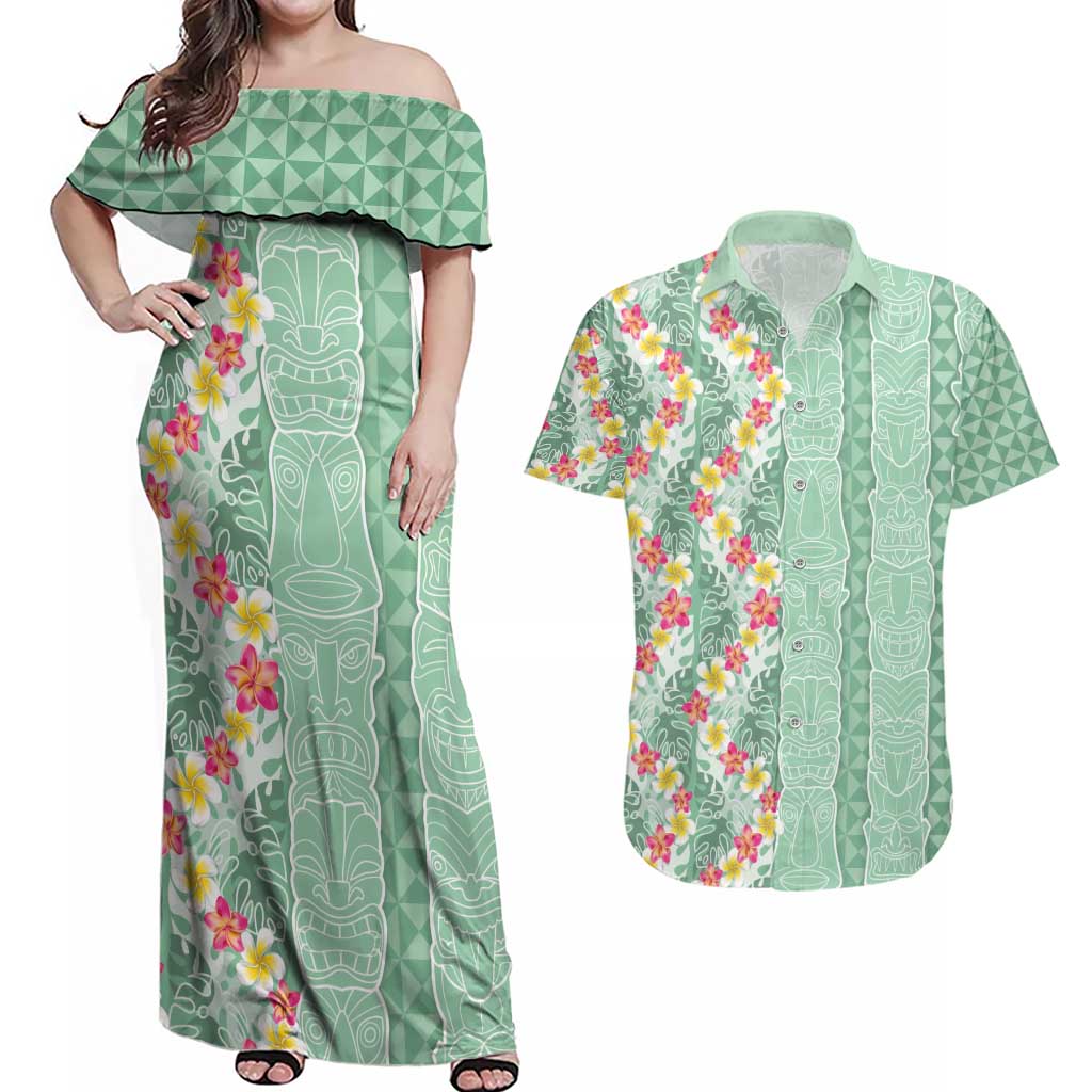 Menthol Green Aloha Hawaii Tiki Couples Matching Off Shoulder Maxi Dress and Hawaiian Shirt Tropical Plumeria - Seamless Style LT14 Green - Polynesian Pride