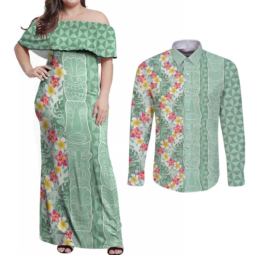 Menthol Green Aloha Hawaii Tiki Couples Matching Off Shoulder Maxi Dress and Long Sleeve Button Shirt Tropical Plumeria - Seamless Style