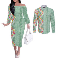 Menthol Green Aloha Hawaii Tiki Couples Matching Off The Shoulder Long Sleeve Dress and Long Sleeve Button Shirt Tropical Plumeria - Seamless Style