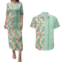 Menthol Green Aloha Hawaii Tiki Couples Matching Puletasi and Hawaiian Shirt Tropical Plumeria - Seamless Style LT14 Green - Polynesian Pride