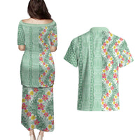 Menthol Green Aloha Hawaii Tiki Couples Matching Puletasi and Hawaiian Shirt Tropical Plumeria - Seamless Style LT14 - Polynesian Pride