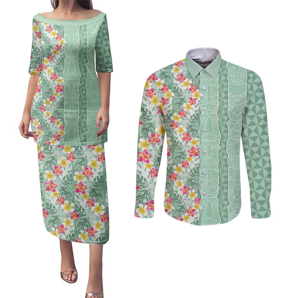 Menthol Green Aloha Hawaii Tiki Couples Matching Puletasi and Long Sleeve Button Shirt Tropical Plumeria - Seamless Style LT14 Green - Polynesian Pride
