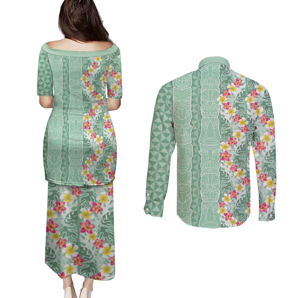 Menthol Green Aloha Hawaii Tiki Couples Matching Puletasi and Long Sleeve Button Shirt Tropical Plumeria - Seamless Style LT14 - Polynesian Pride