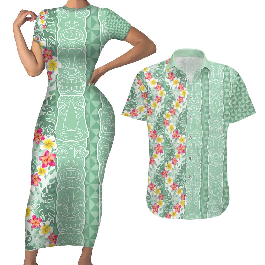 Menthol Green Aloha Hawaii Tiki Couples Matching Short Sleeve Bodycon Dress and Hawaiian Shirt Tropical Plumeria - Seamless Style LT14 Green - Polynesian Pride