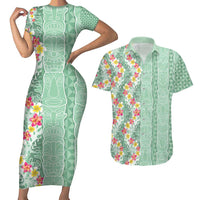 Menthol Green Aloha Hawaii Tiki Couples Matching Short Sleeve Bodycon Dress and Hawaiian Shirt Tropical Plumeria - Seamless Style LT14 Green - Polynesian Pride