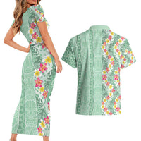 Menthol Green Aloha Hawaii Tiki Couples Matching Short Sleeve Bodycon Dress and Hawaiian Shirt Tropical Plumeria - Seamless Style LT14 - Polynesian Pride