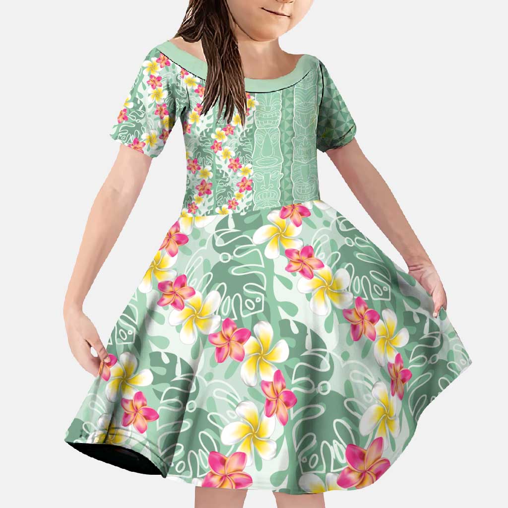 Menthol Green Aloha Hawaii Tiki Family Matching Mermaid Dress and Hawaiian Shirt Tropical Plumeria - Seamless Style LT14 Daughter's Dress Green - Polynesian Pride