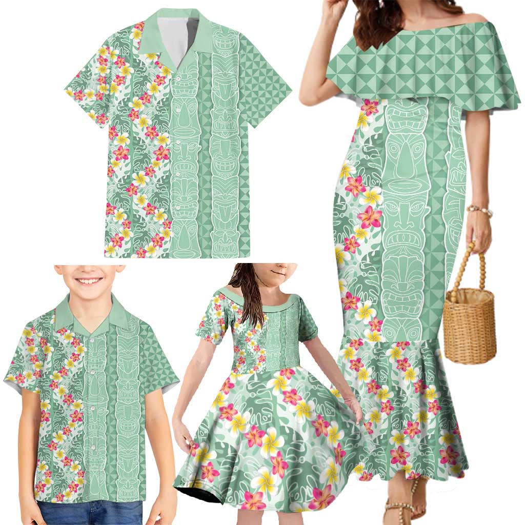 Menthol Green Aloha Hawaii Tiki Family Matching Mermaid Dress and Hawaiian Shirt Tropical Plumeria - Seamless Style LT14 - Polynesian Pride