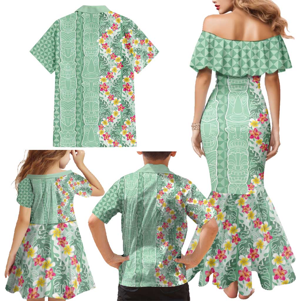 Menthol Green Aloha Hawaii Tiki Family Matching Mermaid Dress and Hawaiian Shirt Tropical Plumeria - Seamless Style LT14 - Polynesian Pride