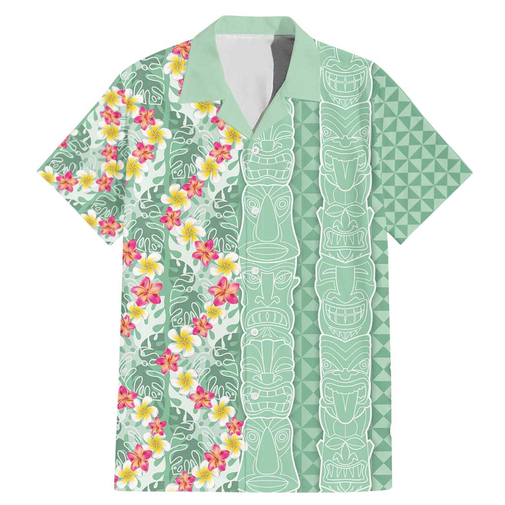 Menthol Green Aloha Hawaii Tiki Family Matching Mermaid Dress and Hawaiian Shirt Tropical Plumeria - Seamless Style LT14 Dad's Shirt - Short Sleeve Green - Polynesian Pride