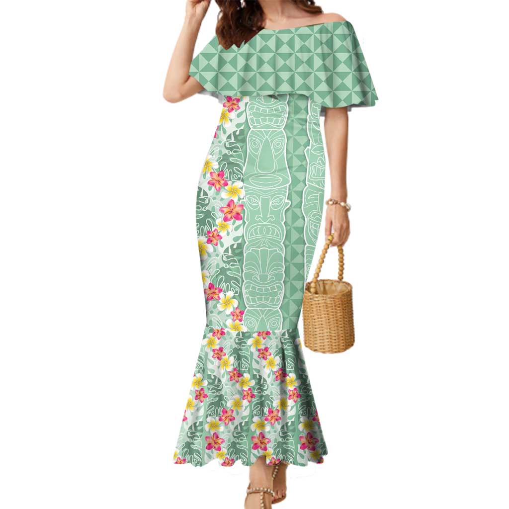 Menthol Green Aloha Hawaii Tiki Family Matching Mermaid Dress and Hawaiian Shirt Tropical Plumeria - Seamless Style LT14 Mom's Dress Green - Polynesian Pride