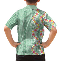 Menthol Green Aloha Hawaii Tiki Family Matching Off The Shoulder Long Sleeve Dress and Hawaiian Shirt Tropical Plumeria - Seamless Style LT14 - Polynesian Pride
