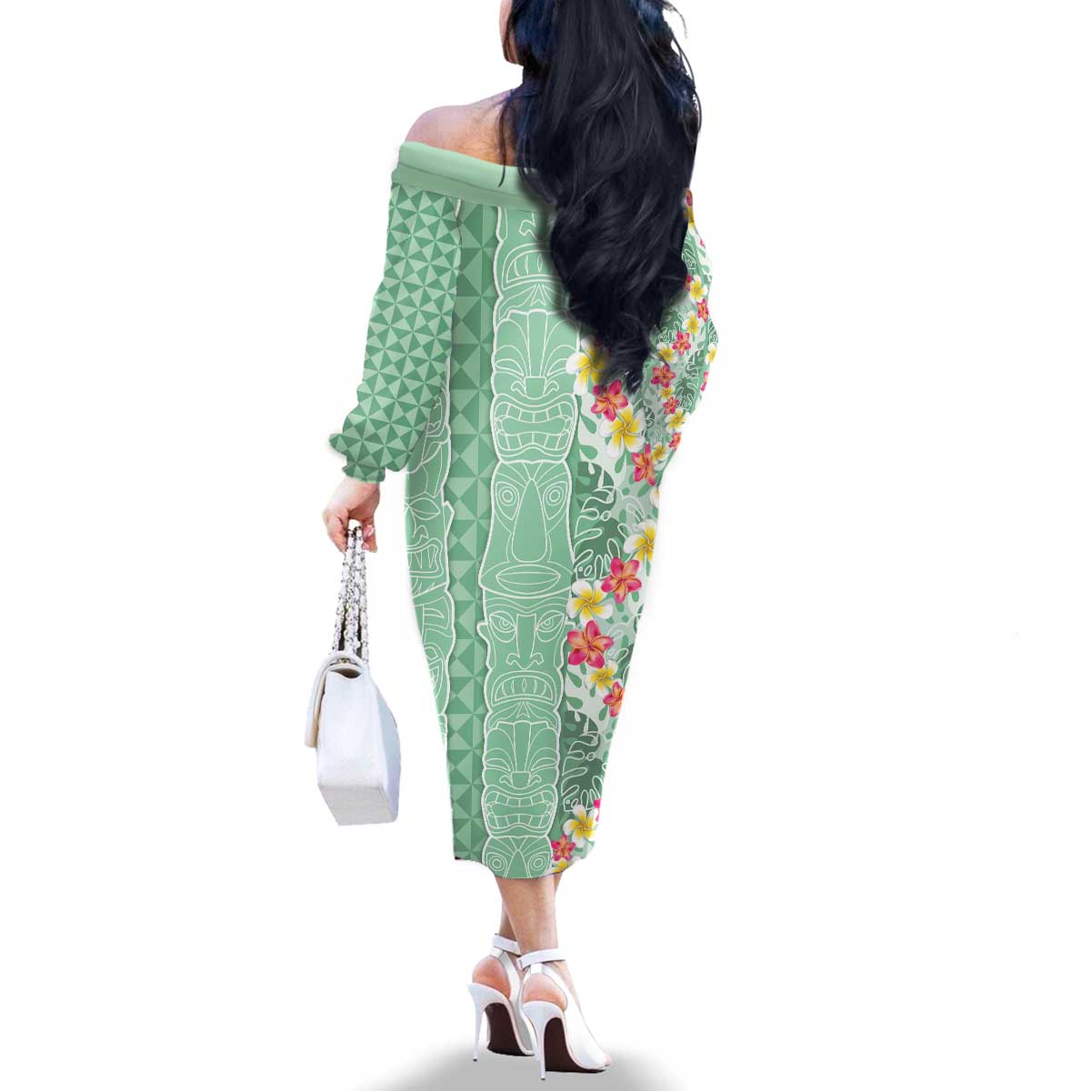 Menthol Green Aloha Hawaii Tiki Family Matching Off The Shoulder Long Sleeve Dress and Hawaiian Shirt Tropical Plumeria - Seamless Style LT14 - Polynesian Pride