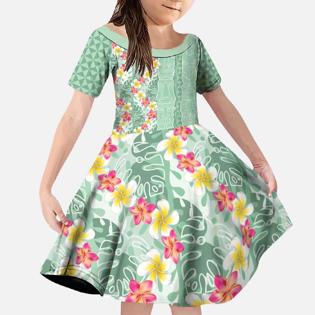 Menthol Green Aloha Hawaii Tiki Family Matching Off Shoulder Maxi Dress and Hawaiian Shirt Tropical Plumeria - Seamless Style LT14 Daughter's Dress Green - Polynesian Pride