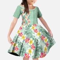Menthol Green Aloha Hawaii Tiki Family Matching Off Shoulder Maxi Dress and Hawaiian Shirt Tropical Plumeria - Seamless Style LT14 Daughter's Dress Green - Polynesian Pride