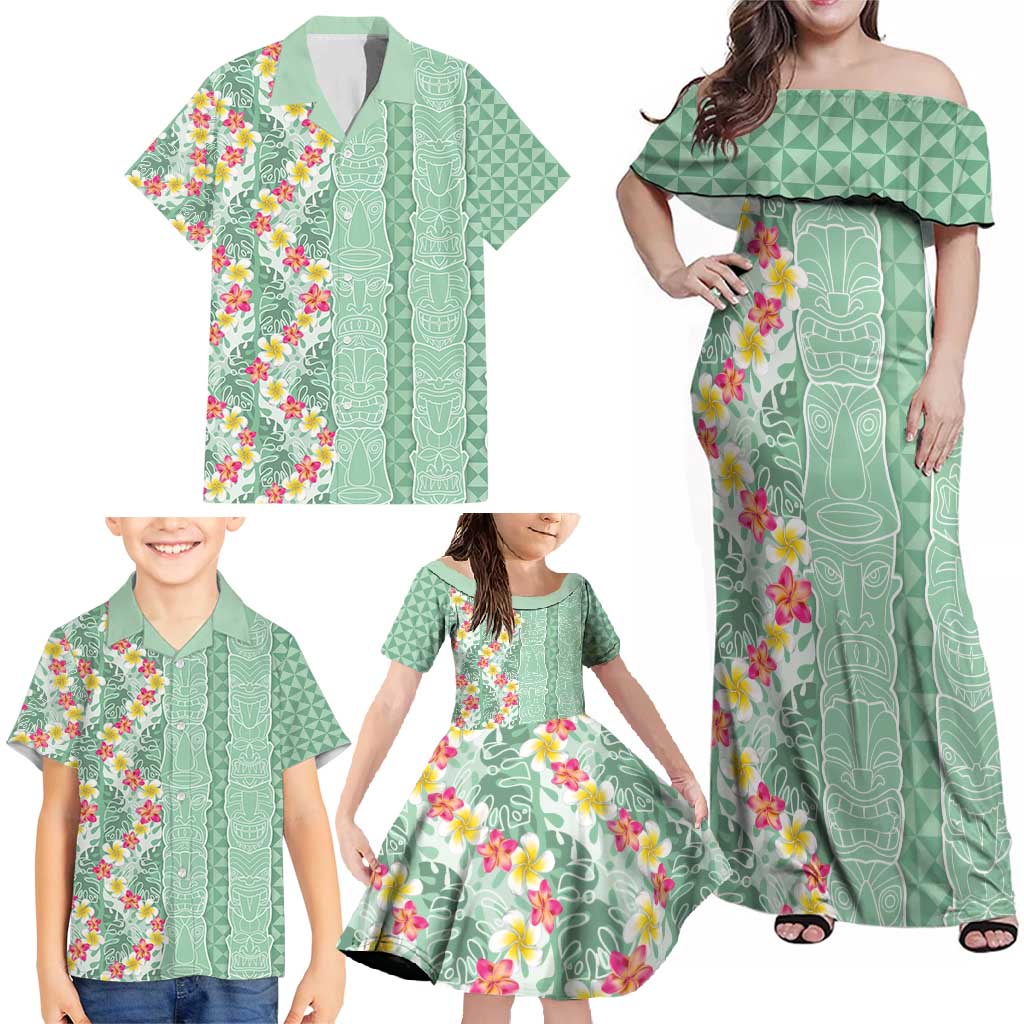 Menthol Green Aloha Hawaii Tiki Family Matching Off Shoulder Maxi Dress and Hawaiian Shirt Tropical Plumeria - Seamless Style LT14 - Polynesian Pride