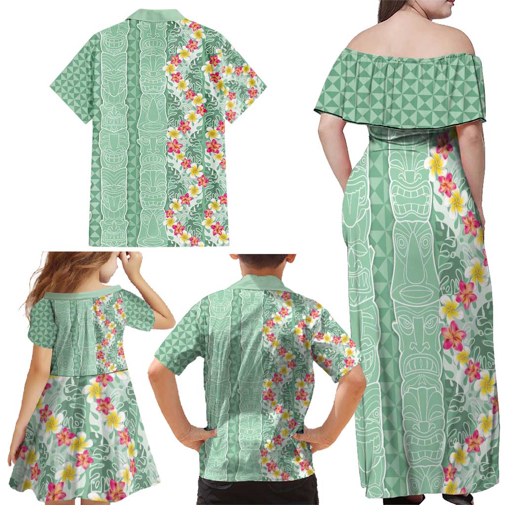 Menthol Green Aloha Hawaii Tiki Family Matching Off Shoulder Maxi Dress and Hawaiian Shirt Tropical Plumeria - Seamless Style LT14 - Polynesian Pride