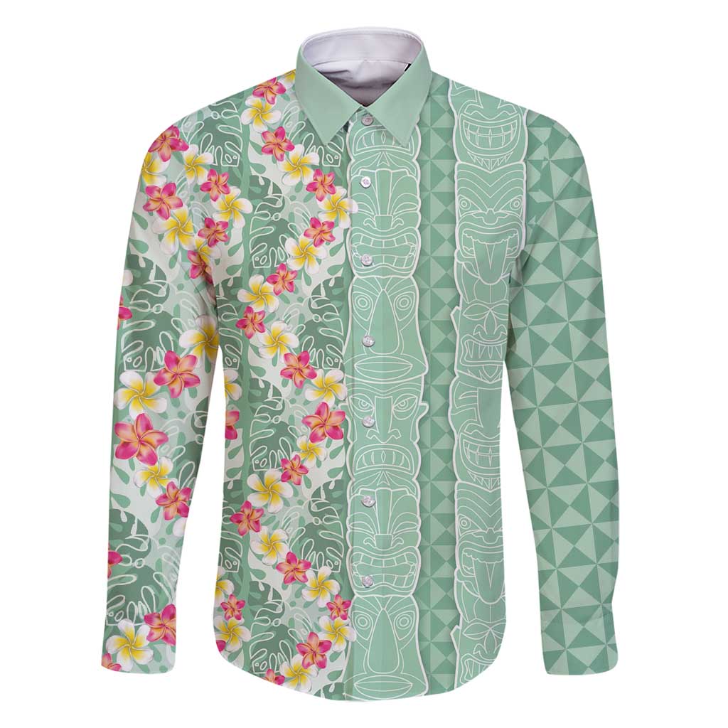 Menthol Green Aloha Hawaii Tiki Family Matching Off Shoulder Maxi Dress and Hawaiian Shirt Tropical Plumeria - Seamless Style LT14 Dad's Shirt - Long Sleeve Green - Polynesian Pride