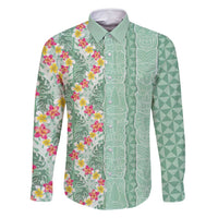 Menthol Green Aloha Hawaii Tiki Family Matching Off Shoulder Maxi Dress and Hawaiian Shirt Tropical Plumeria - Seamless Style LT14 Dad's Shirt - Long Sleeve Green - Polynesian Pride