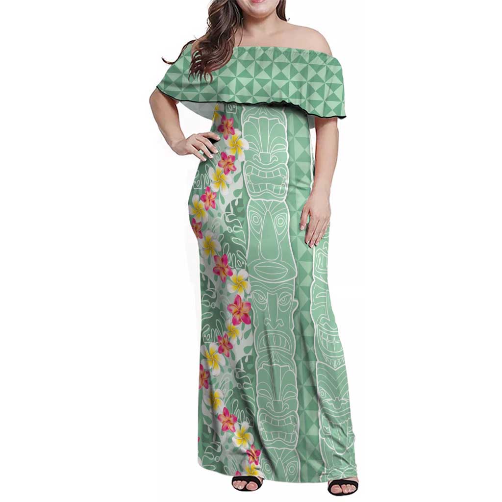 Menthol Green Aloha Hawaii Tiki Family Matching Off Shoulder Maxi Dress and Hawaiian Shirt Tropical Plumeria - Seamless Style LT14 Mom's Dress Green - Polynesian Pride