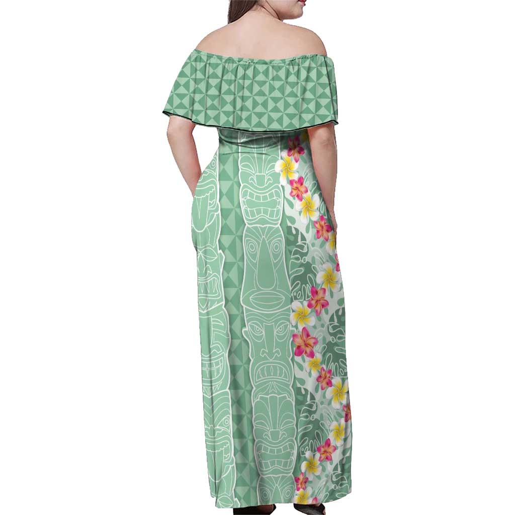 Menthol Green Aloha Hawaii Tiki Family Matching Off Shoulder Maxi Dress and Hawaiian Shirt Tropical Plumeria - Seamless Style LT14 - Polynesian Pride
