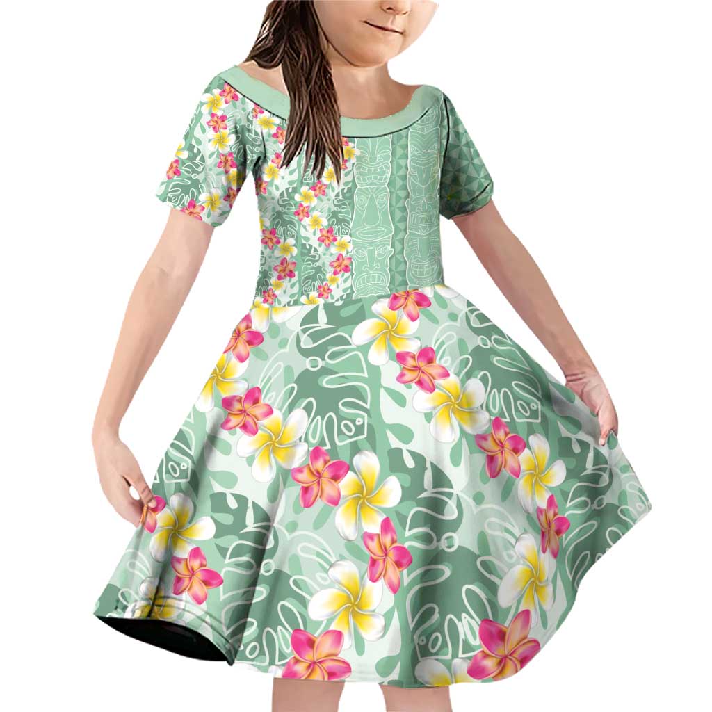 Menthol Green Aloha Hawaii Tiki Family Matching Off Shoulder Short Dress and Hawaiian Shirt Tropical Plumeria - Seamless Style