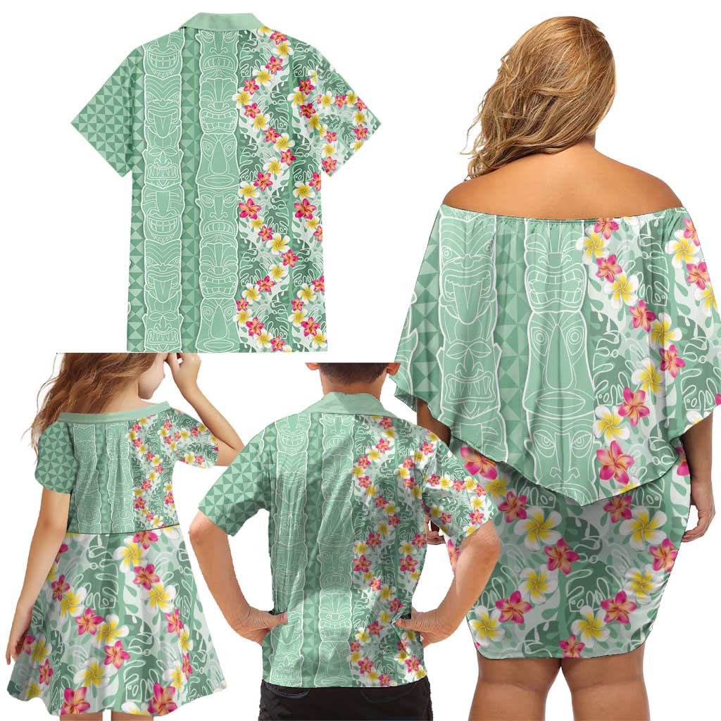 Menthol Green Aloha Hawaii Tiki Family Matching Off Shoulder Short Dress and Hawaiian Shirt Tropical Plumeria - Seamless Style