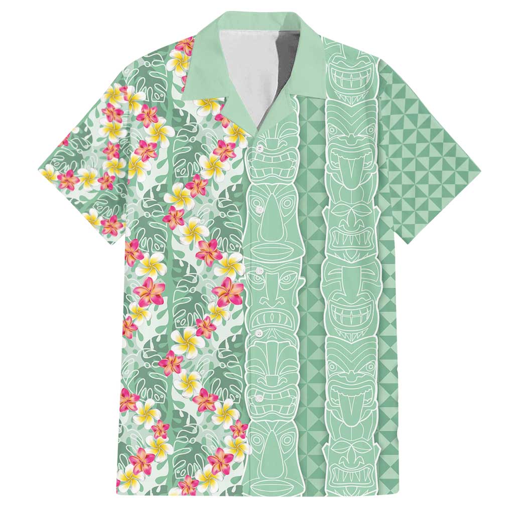 Menthol Green Aloha Hawaii Tiki Family Matching Off Shoulder Short Dress and Hawaiian Shirt Tropical Plumeria - Seamless Style