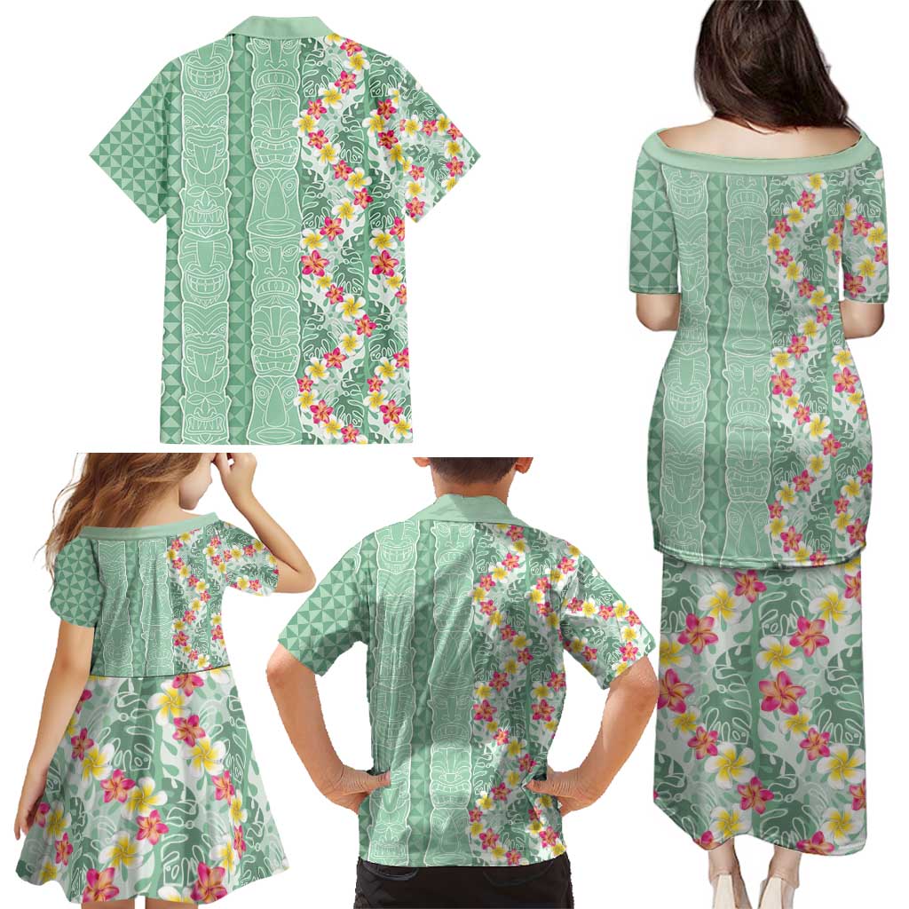 Menthol Green Aloha Hawaii Tiki Family Matching Puletasi and Hawaiian Shirt Tropical Plumeria - Seamless Style LT14 - Polynesian Pride