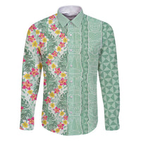 Menthol Green Aloha Hawaii Tiki Family Matching Puletasi and Hawaiian Shirt Tropical Plumeria - Seamless Style LT14 Dad's Shirt - Long Sleeve Green - Polynesian Pride