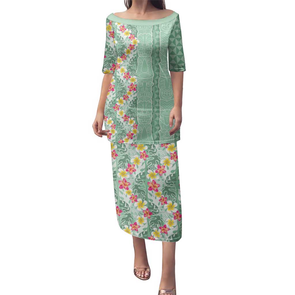Menthol Green Aloha Hawaii Tiki Family Matching Puletasi and Hawaiian Shirt Tropical Plumeria - Seamless Style LT14 Mom's Dress Green - Polynesian Pride