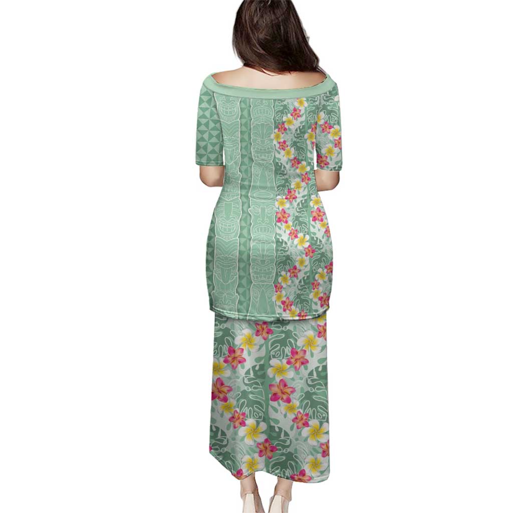 Menthol Green Aloha Hawaii Tiki Family Matching Puletasi and Hawaiian Shirt Tropical Plumeria - Seamless Style LT14 - Polynesian Pride