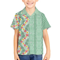 Menthol Green Aloha Hawaii Tiki Family Matching Puletasi and Hawaiian Shirt Tropical Plumeria - Seamless Style LT14 Son's Shirt Green - Polynesian Pride