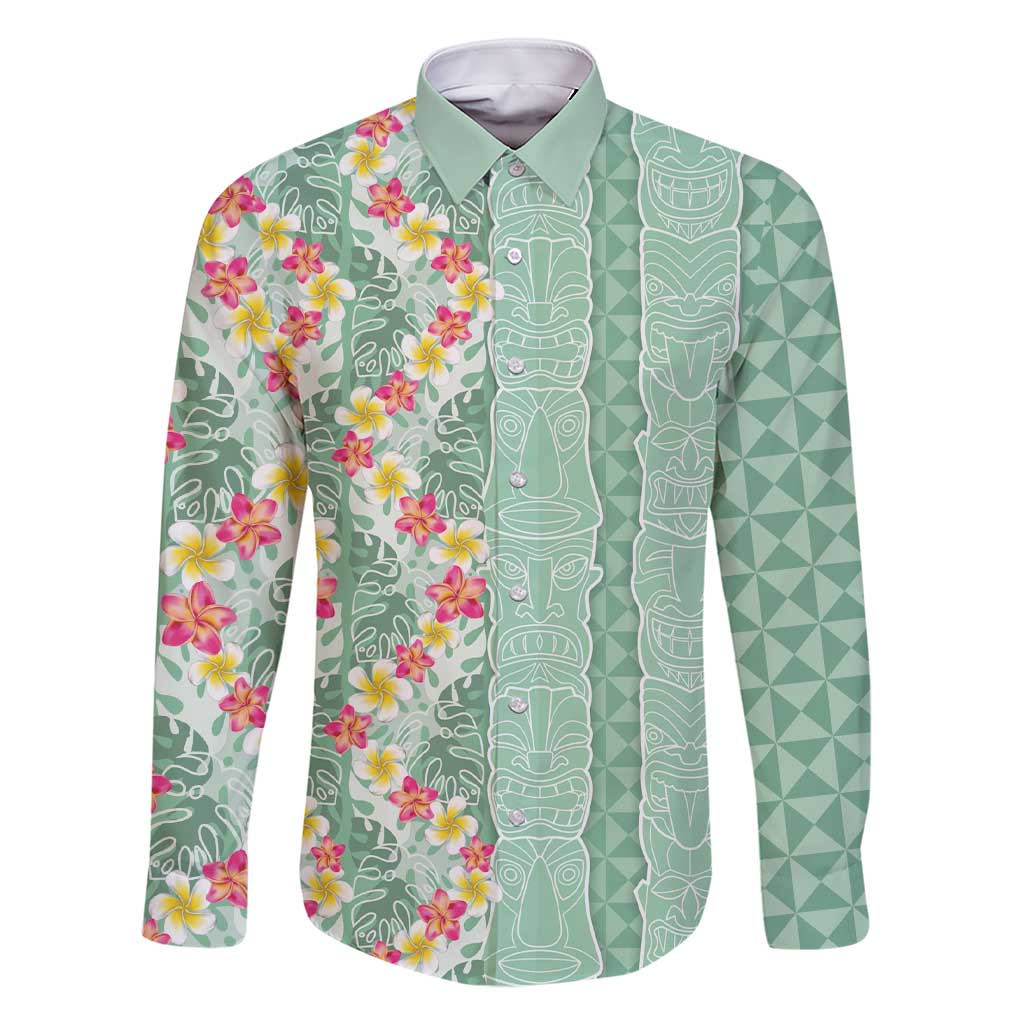 Menthol Green Aloha Hawaii Tiki Family Matching Short Sleeve Bodycon Dress and Hawaiian Shirt Tropical Plumeria - Seamless Style