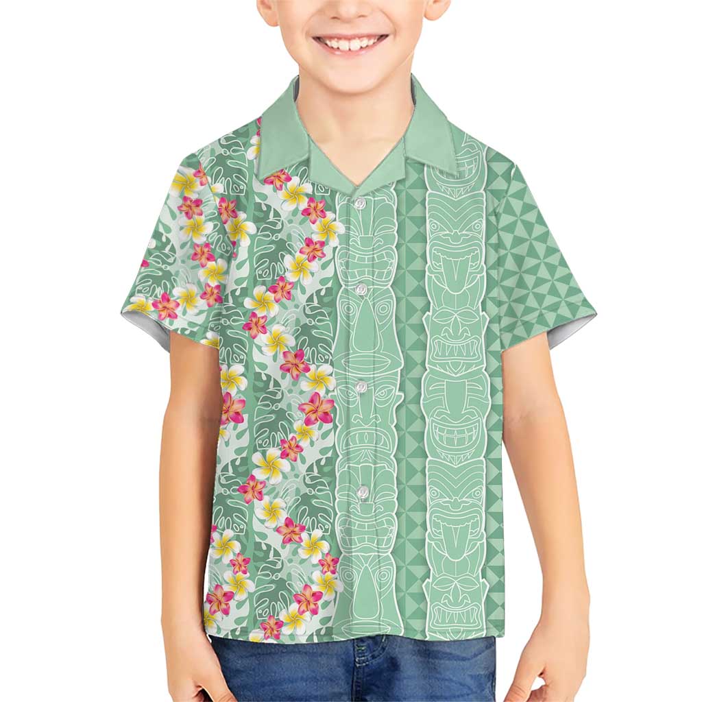 Menthol Green Aloha Hawaii Tiki Family Matching Short Sleeve Bodycon Dress and Hawaiian Shirt Tropical Plumeria - Seamless Style