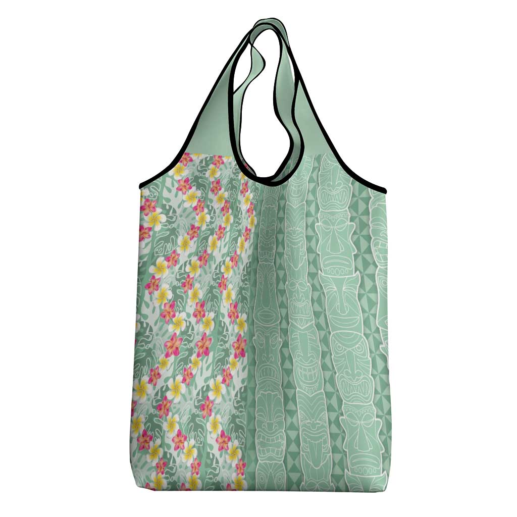 Menthol Green Aloha Hawaii Tiki Grocery Bag Tropical Plumeria - Seamless Style