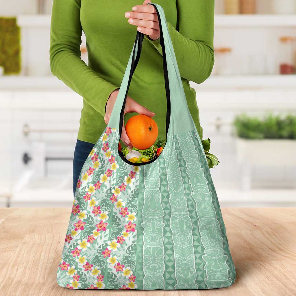 Menthol Green Aloha Hawaii Tiki Grocery Bag Tropical Plumeria - Seamless Style
