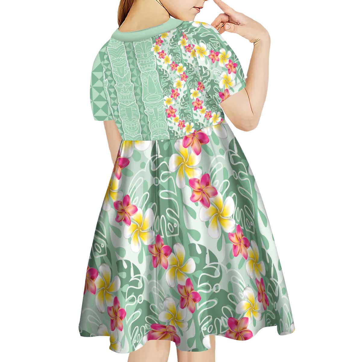 Menthol Green Aloha Hawaii Tiki Kid Short Sleeve Dress Tropical Plumeria - Seamless Style LT14 - Polynesian Pride