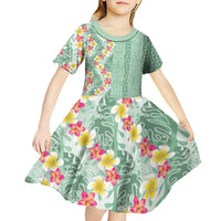 Menthol Green Aloha Hawaii Tiki Kid Short Sleeve Dress Tropical Plumeria - Seamless Style LT14 - Polynesian Pride