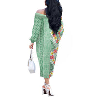 Menthol Green Aloha Hawaii Tiki Off The Shoulder Long Sleeve Dress Tropical Plumeria - Seamless Style LT14 - Polynesian Pride