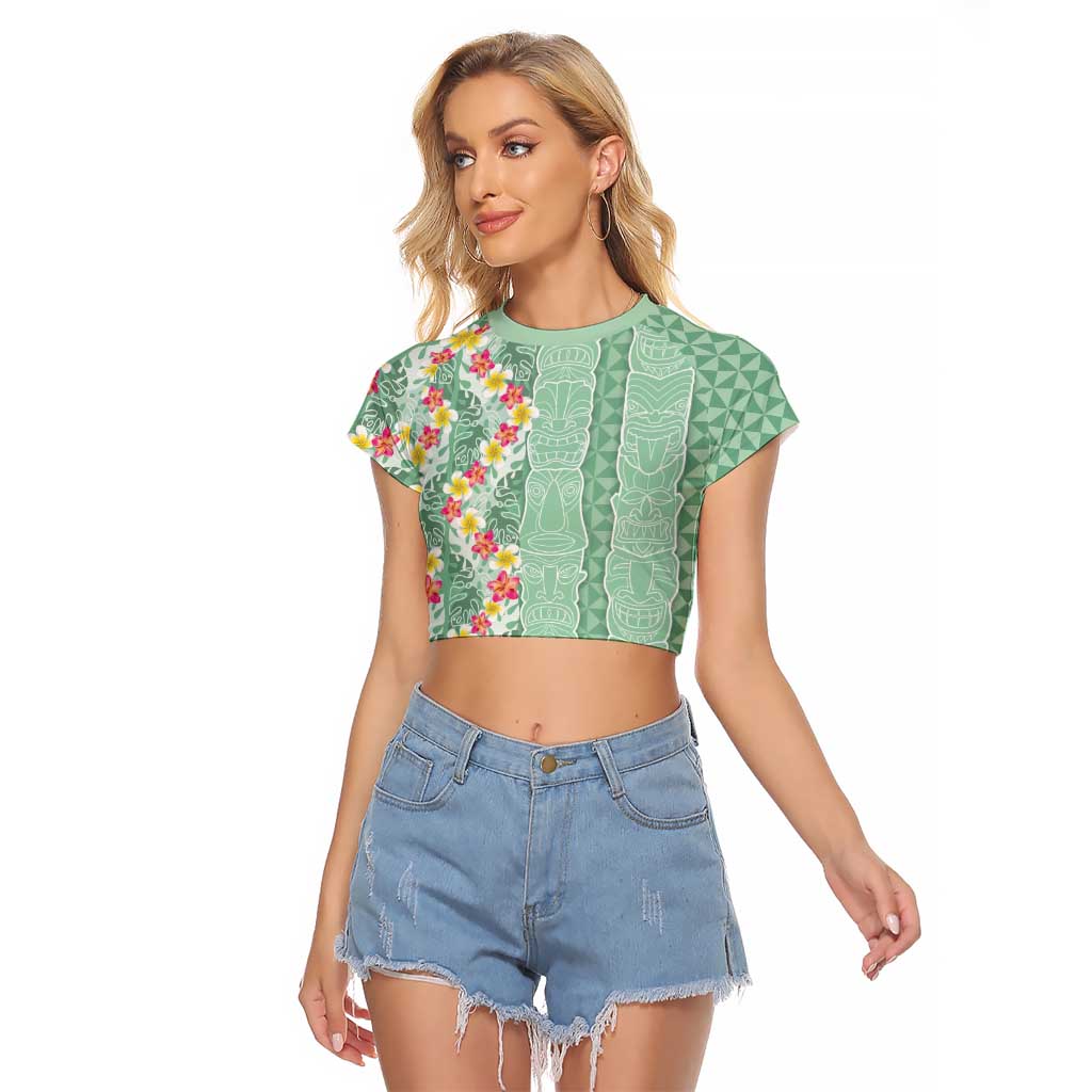 Menthol Green Aloha Hawaii Tiki Raglan Cropped T Shirt Tropical Plumeria - Seamless Style LT14 Female Green - Polynesian Pride