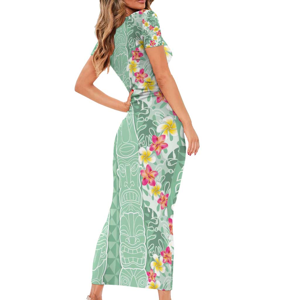 Menthol Green Aloha Hawaii Tiki Short Sleeve Bodycon Dress Tropical Plumeria - Seamless Style LT14 - Polynesian Pride