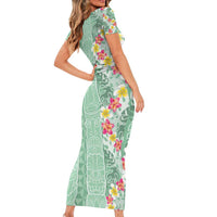 Menthol Green Aloha Hawaii Tiki Short Sleeve Bodycon Dress Tropical Plumeria - Seamless Style LT14 - Polynesian Pride