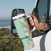 Menthol Green Aloha Hawaii Tiki Tumbler With Handle Tropical Plumeria - Seamless Style