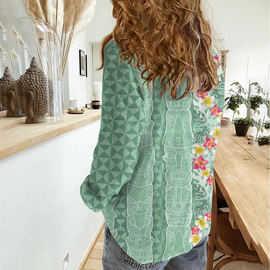 Menthol Green Aloha Hawaii Tiki Women Casual Shirt Tropical Plumeria - Seamless Style LT14 - Polynesian Pride