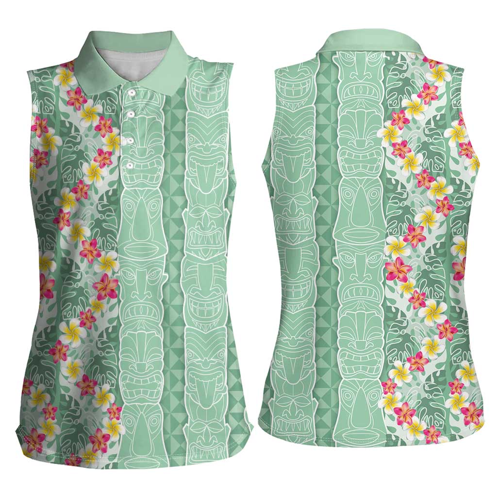 Menthol Green Aloha Hawaii Tiki Women Sleeveless Polo Shirt Tropical Plumeria - Seamless Style LT14 - Polynesian Pride