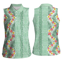 Menthol Green Aloha Hawaii Tiki Women Sleeveless Polo Shirt Tropical Plumeria - Seamless Style LT14 - Polynesian Pride