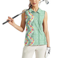 Menthol Green Aloha Hawaii Tiki Women Sleeveless Polo Shirt Tropical Plumeria - Seamless Style LT14 - Polynesian Pride