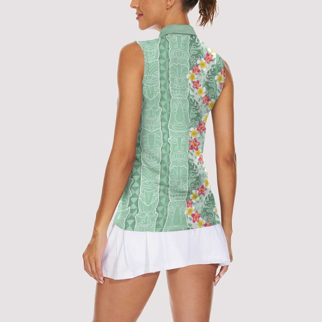 Menthol Green Aloha Hawaii Tiki Women Sleeveless Polo Shirt Tropical Plumeria - Seamless Style LT14 - Polynesian Pride